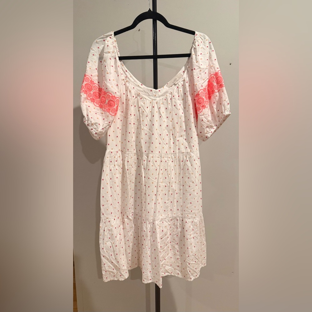 Loft White and Pink Polka Dot Dress